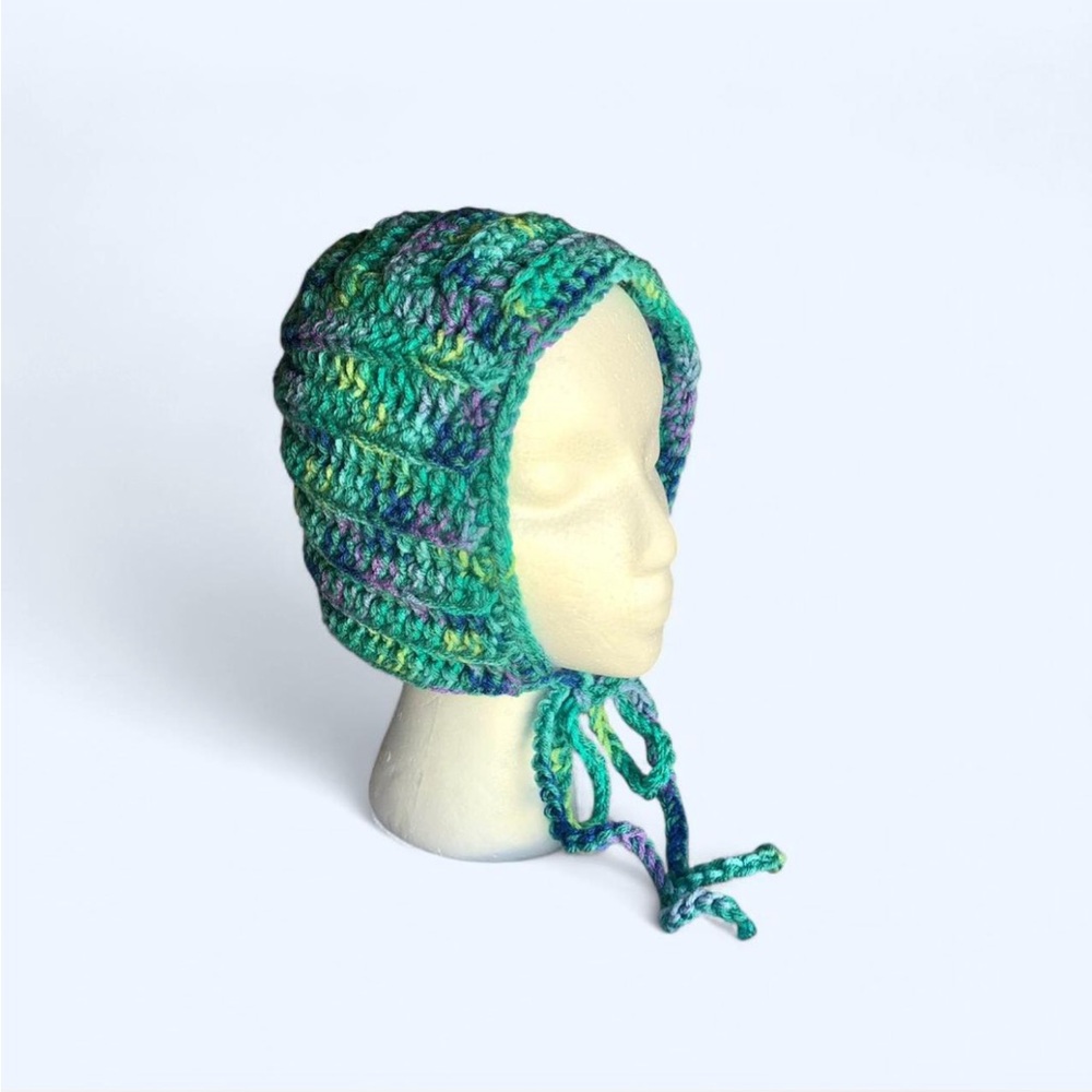 crochet teal and multi colored chunky ribbed bonnet hood HANDMADE
